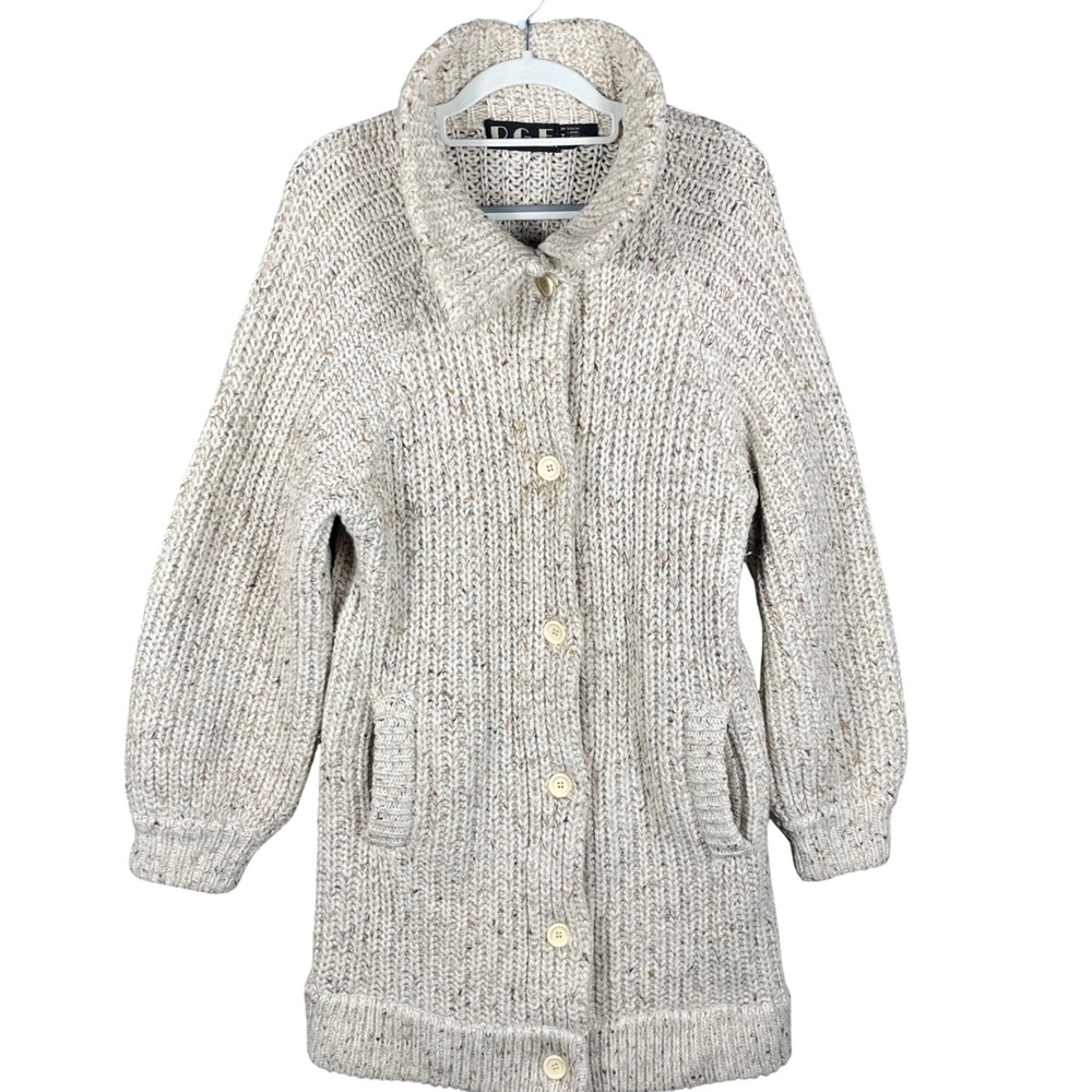 P.G.E. Longline Cardigan Women Medium Cream Wool Blend Chunky Knit Collared Coat